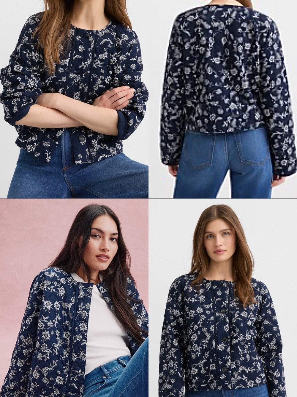 NWT LOFT Navy and White Floral Quilted Bomber Jacket